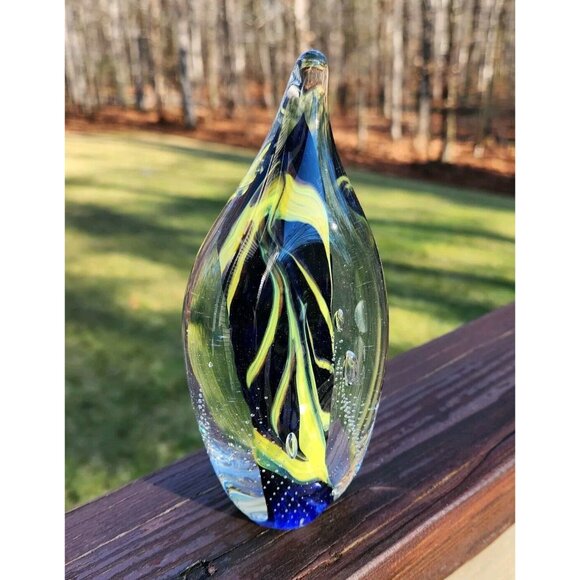 Walter Prince Hand Blown Glass Paperweight Signed  1995 Blue Yellow Swirl Bubble - Picture 1 of 5